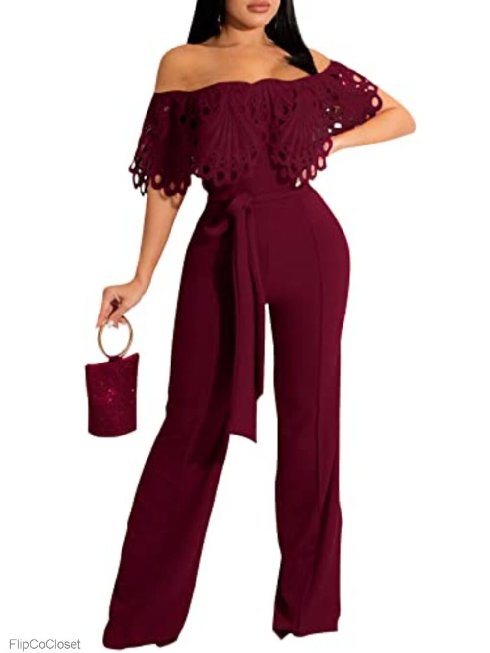 Off Shoulder Jumpsuit High Waist Wide Leg Long Pants Ruffle Romper with Belt